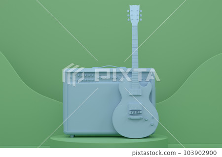 Amplifier with acoustic guitar on cylinder podium with step on monochrome Amplifier with acoustic guitar on cylinder podium with step on monochrome 103902900
