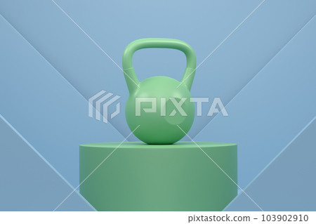 Kettlebell with metal disks on cylinder podium with steps on monochrome Kettlebell with metal disks on cylinder podium with steps on monochrome 103902910