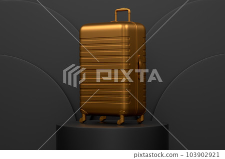 Polycarbonate suitcase on cylinder podium with step on monochrome 103902921