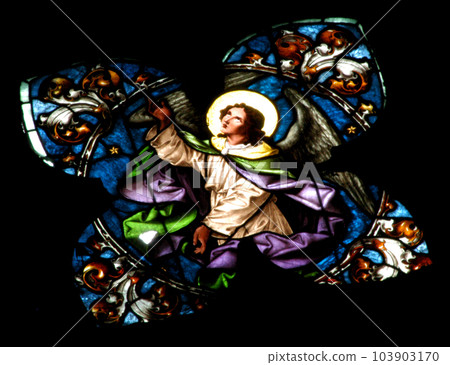 Stained glass window detail with Biblical scene 103903170