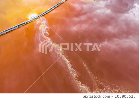 Aerial view of red copper mine water 103903523