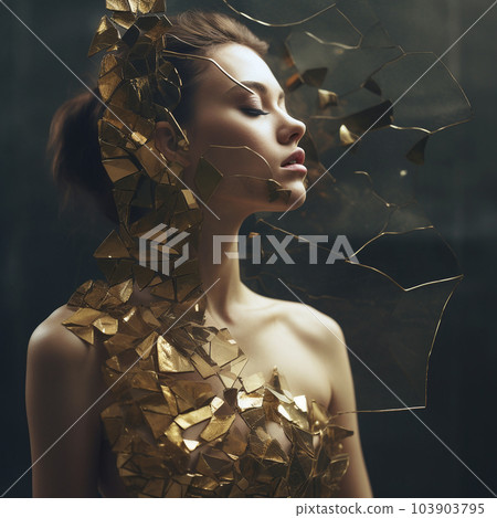 Fashion shot of a beautiful young woman in golden jewelry. Luxury makeup and hairstyle. Golden jewelry on a gorgeous woman. Digital fantasy art portrait. Woman in a dress from the pieces of glass 103903795