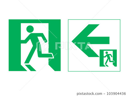 緊急出口標記 插圖集緊急出口圖示的變體,其中一個人面向左,還有一個大箭頭緊急出口引導燈 緊急出口標記 插圖集緊急出口圖示的變體,其中一個人面向左,還有一個大箭頭緊急出口引導燈 103904436