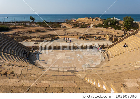 Ancient Caesarea amphitheater with stairs near sea Ancient Caesarea amphitheater with stairs near sea 103905396