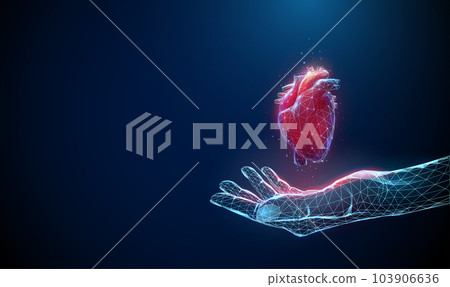 Abstract blue giving hand with red human heart. 103906636