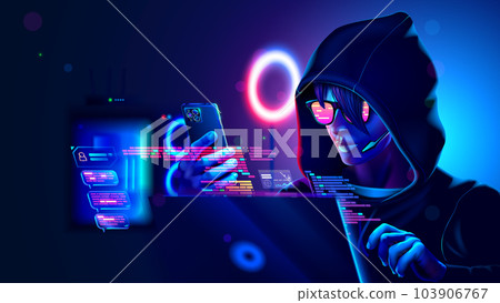 Hacker or phone scammer in hood hacking at computer and mobile smartphone in dark room. Computer criminal uses malware on phone to hack devices. Hacker in dark hoodie in room with neon light using pc 103906767