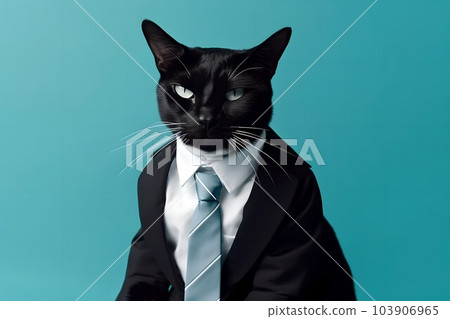 Stylish fashionable business cat in a black jacket and tie on a blue pastel background in the studio Stylish fashionable business cat in a black jacket and tie on a blue pastel background in the studio 103906965