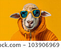 Cool cool sheep or ram in sunglasses and a knitted sweater. 103906969