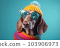 Cool dachshund dog in glasses, sweater and hat with bubo.  103906973