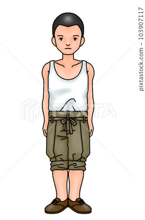 A boy with a shaved head wearing a tank top 103907117