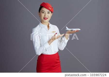 happy stylish asian female air hostess isolated on gray happy stylish asian female air hostess isolated on gray 103907224