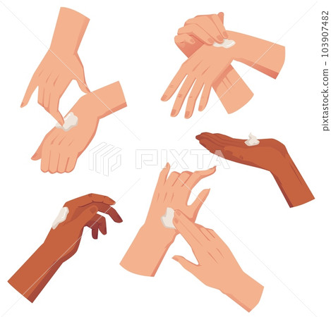 Set of woman hands with light cream flat style, vector illustration Set of woman hands with light cream flat style, vector illustration 103907482