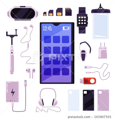 Smartphone accessories set and devices for mobile phone flat vector isolated. 103907503