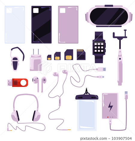 Smartphone accessories set, cartoon flat vector illustration isolated on white background. 103907504