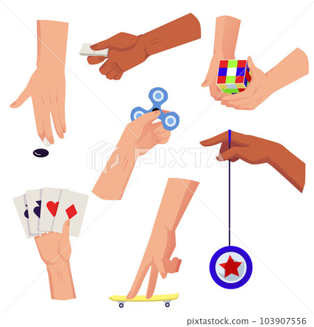 Set of hands holding various game accessories flat vector illustration isolated. 103907556
