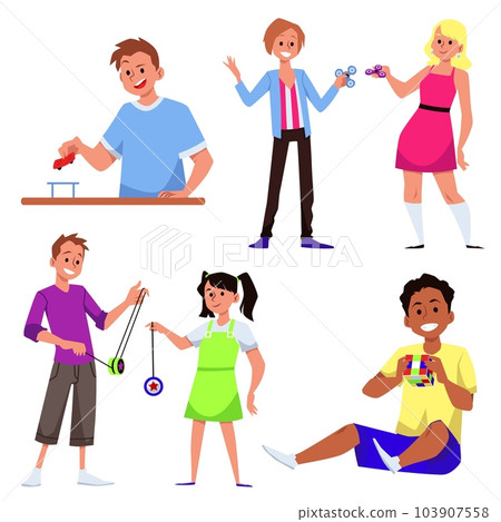 Diverse people playing different games with hands, flat vector illustration isolated on white background. 103907558