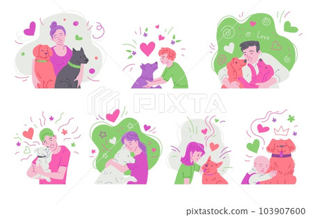 Set of characters with animals and owners flat vector illustration isolated. Set of characters with animals and owners flat vector illustration isolated. 103907600