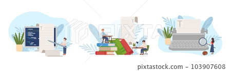Set of copywriter people with huge text pages, books and monitor flat style 103907608