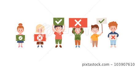 Set of emotional children holding papers with red and green ticks and crosses flat style Set of emotional children holding papers with red and green ticks and crosses flat style 103907610