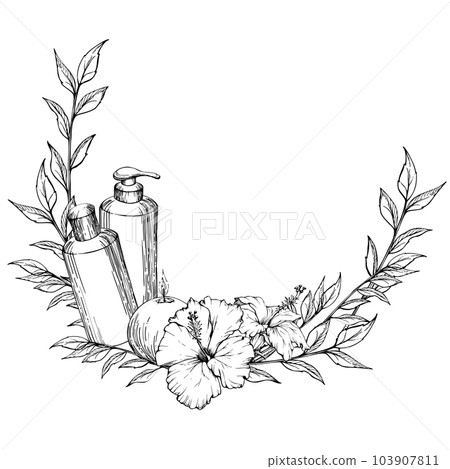 Hand drawn vector ink spa skincare bath beauty products package with flowers and leaves. Frame border. Isolated on white background. Design for wellness resort, print, fabric, cover, card, booklet. Hand drawn vector ink spa skincare bath beauty products package with flowers and leaves. Frame border. Isolated on white background. Design for wellness resort, print, fabric, cover, card, booklet. 103907811
