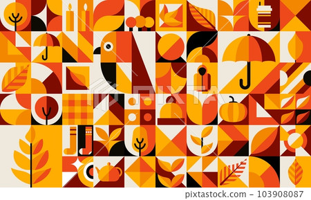 Bauhaus pattern with autumn and Thanksgiving harvest. Business presentation retro composition, corporate identity abstract forms and elements vector background with autumn tree leaves and clothing Bauhaus pattern with autumn and Thanksgiving harvest. Business presentation retro composition, corporate identity abstract forms and elements vector background with autumn tree leaves and clothing 103908087