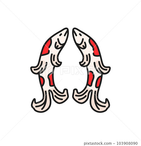 Fish prana and carp buddhism religion color outline icon. Vector retro symbol of Buddhism, carp fish symbolize auspiciousness, Ganges and Yamuna nadi sign Fish prana and carp buddhism religion color outline icon. Vector retro symbol of Buddhism, carp fish symbolize auspiciousness, Ganges and Yamuna nadi sign 103908090