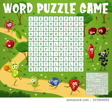 Word search puzzle game worksheet. Cartoon cheerful berry character on summer vacation. Children riddle, kids logical vector game with raspberry, cherry and grape, gooseberry, blueberry, elderberry, 103908092