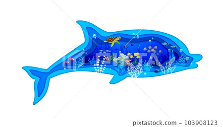 Dolphin silhouette and cartoon sea paper cut underwater landscape inside of 3d vector frame. Papercut art creating beautiful and dynamic piece of ocean-themed decor with marine life diversity 103908123