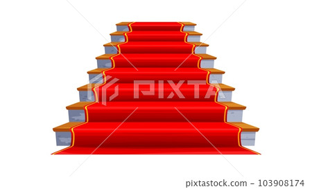 Castle and palace staircase. Wooden stair with red carpet. Museum hallway stone stairway, royal palace marble staircase or theater interior element, fantasy ballroom isolated vector ladder with carpet 103908174