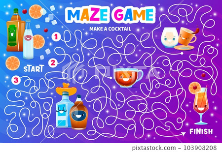 Labyrinth maze make a cocktail drink. Kids vector board game with ingredients for creating mixed beverage. Riddle with cartoon tequila, water bottle, pulque or mezcal. Tea cup, rum or coffee character 103908208