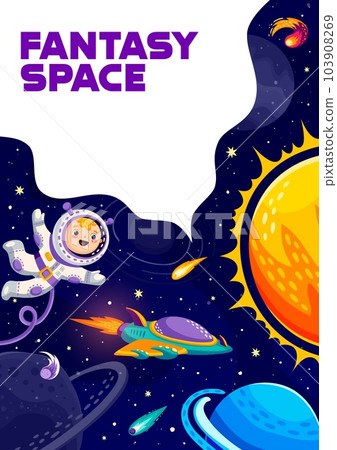 Cartoon space poster with kid astronaut, sun, planets and spaceship. Outerspace adventure, cosmos discovery vector poster with boy in spacesuit, future spaceship, solar system planets and comets 103908269