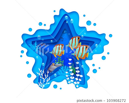 Starfish shape of sea paper cut landscape with cartoon tropical fish shoal and seaweeds. 3d vector undersea frame full of life with colorful exotic butterfly fishes and plants swaying in water current 103908272