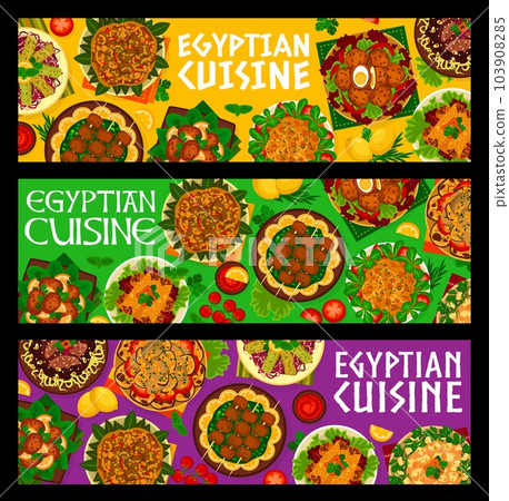 Egyptian cuisine meals banners. Stew with eggplant, lamb patties and kebabs, stew with cumin, fried bass and Circassian chicken, Sultans delight, lamb with prunes and stuffed rolls, stuffed meatballs Egyptian cuisine meals banners. Stew with eggplant, lamb patties and kebabs, stew with cumin, fried bass and Circassian chicken, Sultans delight, lamb with prunes and stuffed rolls, stuffed meatballs 103908285
