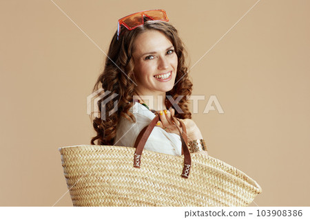 happy stylish woman in blouse and shorts 103908386