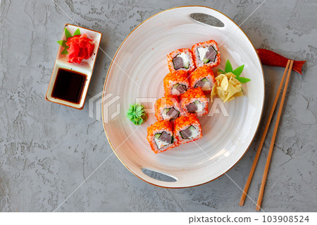 California roll with tuna Japanese cuisine in plate on gray table 103908524