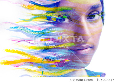 Paintography portrait of a woman's face and colorful wavy paint lines Paintography portrait of a woman's face and colorful wavy paint lines 103908847