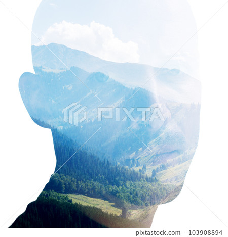 Double exposure portrait of a man's face silhouette on white background Double exposure portrait of a man's face silhouette on white background 103908894