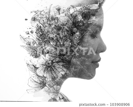 A floral black and white paintography portrait of a woman's profile A floral black and white paintography portrait of a woman's profile 103908906