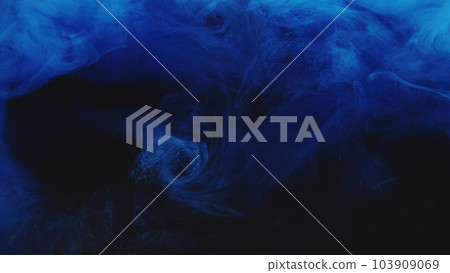 Ink water swirl. Color smoke cloud. Night haze. Blue fume cloud explosion wave texture on dark black abstract art background. Ink water swirl. Color smoke cloud. Night haze. Blue fume cloud explosion wave texture on dark black abstract art background. 103909069