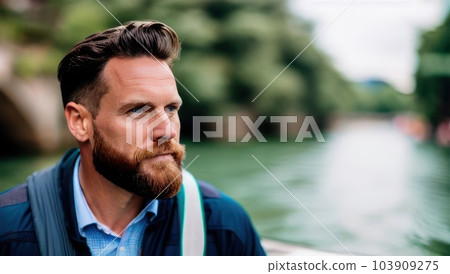 Brutal man with beard tourist stands against the backdrop of wide river. Generative AI Brutal man with beard tourist stands against the backdrop of wide river. Generative AI 103909275