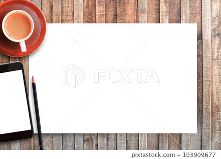 Coffee cup and smartphone on wood table background. 103909677
