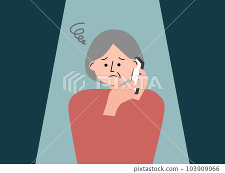 Illustration of an anxious elderly woman receiving a phone call 103909966