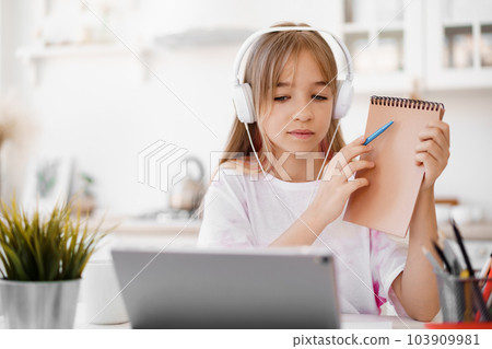 Homeschooled little young girl student having online class using digital tablet Homeschooled little young girl student having online class using digital tablet 103909981
