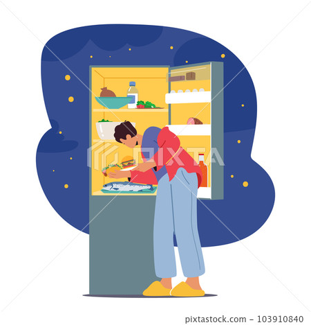 Late-night Snacking. Male Character Opens Fridge In Search Of Midnight Treat. Hunger Strikes As They Explore Contents Late-night Snacking. Male Character Opens Fridge In Search Of Midnight Treat. Hunger Strikes As They Explore Contents 103910840