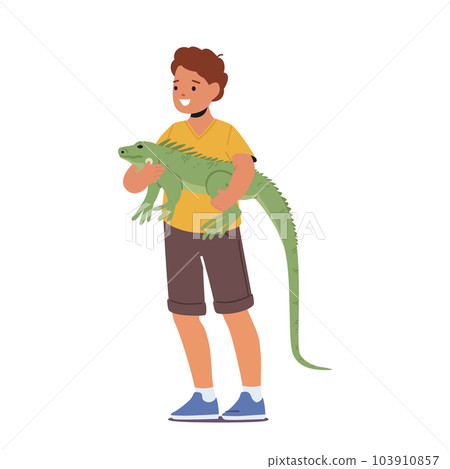 Child Joyfully Holding A Varan Pet, Face Filled With Excitement And Curiosity. Bond Between The Kid And Reptile Child Joyfully Holding A Varan Pet, Face Filled With Excitement And Curiosity. Bond Between The Kid And Reptile 103910857
