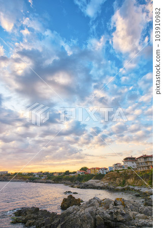 sunrise at the sea. gorgeous seaside scenery with clouds on the sky. vacation in sozopol sunrise at the sea. gorgeous seaside scenery with clouds on the sky. vacation in sozopol 103910982