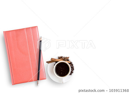 Top view of pink leather notebooks, pencil,cup of coffee on white background Top view of pink leather notebooks, pencil,cup of coffee on white background 103911368