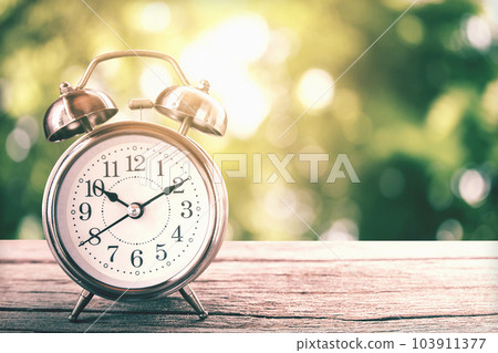 Retro clock vintage color tone in the garden with morning sunlight Retro clock vintage color tone in the garden with morning sunlight 103911377