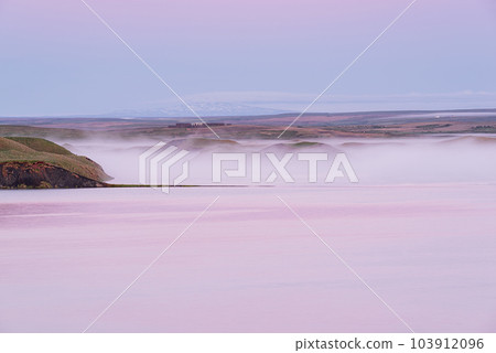 Sunrise in Myvatn lake with fog, Iceland 103912096