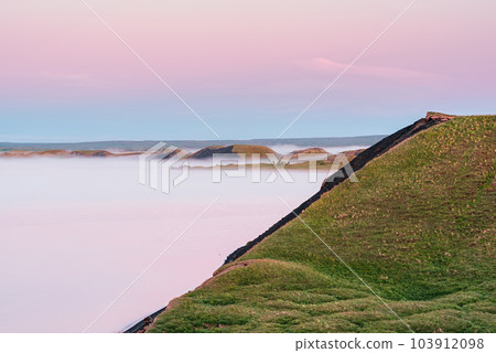 Sunrise in Myvatn lake with fog, Iceland 103912098